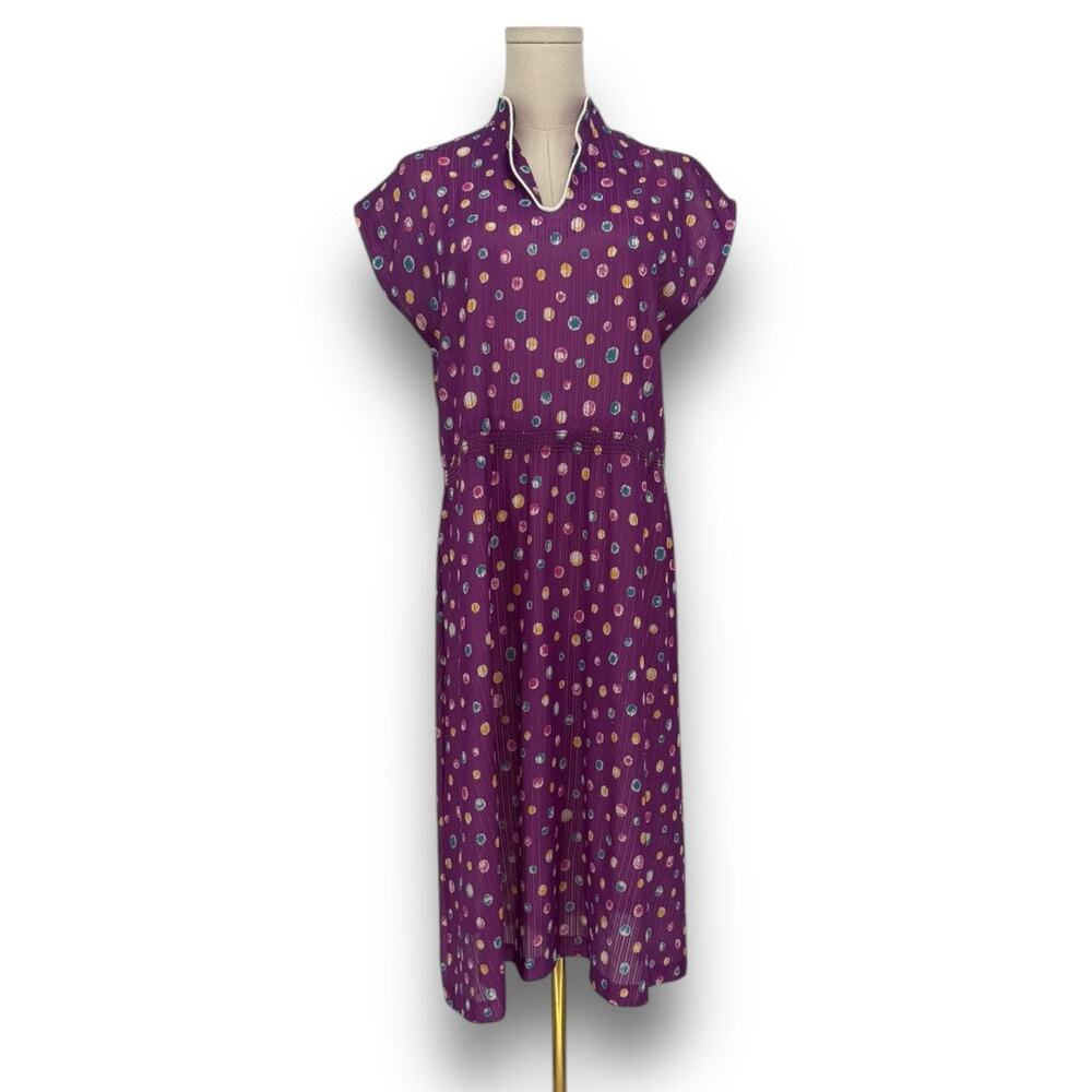 1970s Vintage Sears Purple Polka Dot Midi Shirt Dress, Size 12 Boho Quirky